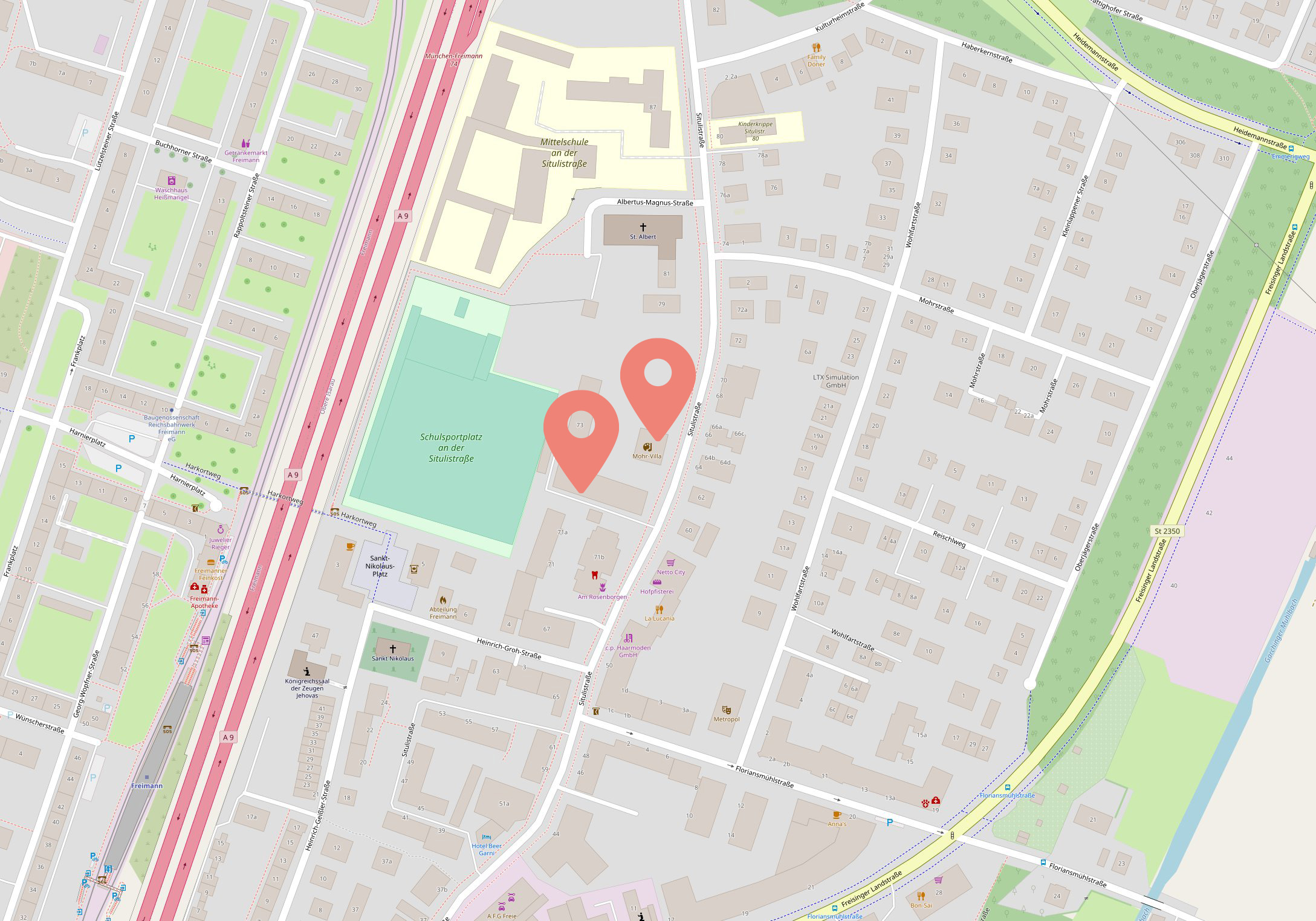 Karte Open Street Map mit Lage der Mohr-Villa sowie Nebengebäude der, Situlistraße 73-75